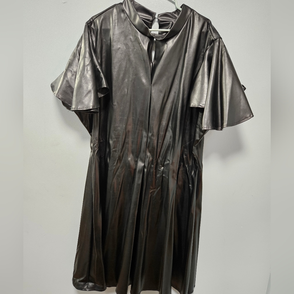 Black leather mid lenght dress.